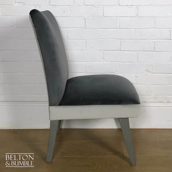 Two Tone Grey Velvet Accent Chair – angled view showing proportions and stance