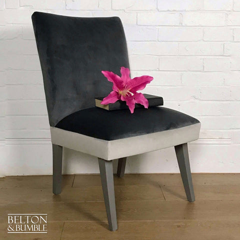 Two Tone Grey Velvet Accent Chair – Styled product shot with complementary décor to suggest scale