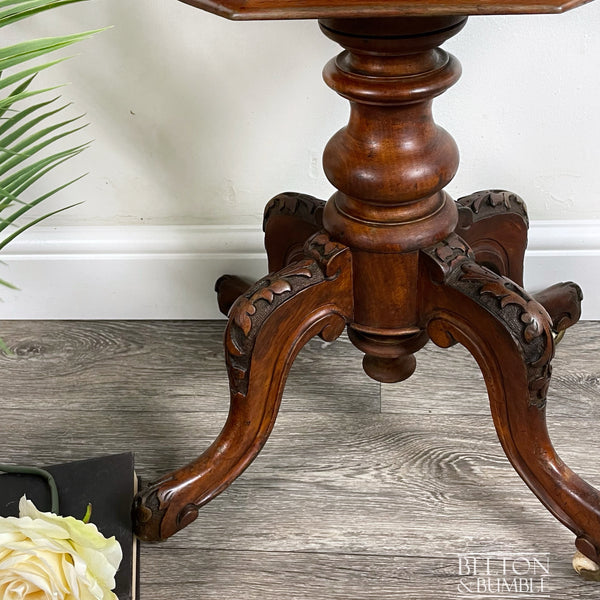 Victorian Mahogany and Burr Walnut Work Box – Close-up of carved legs