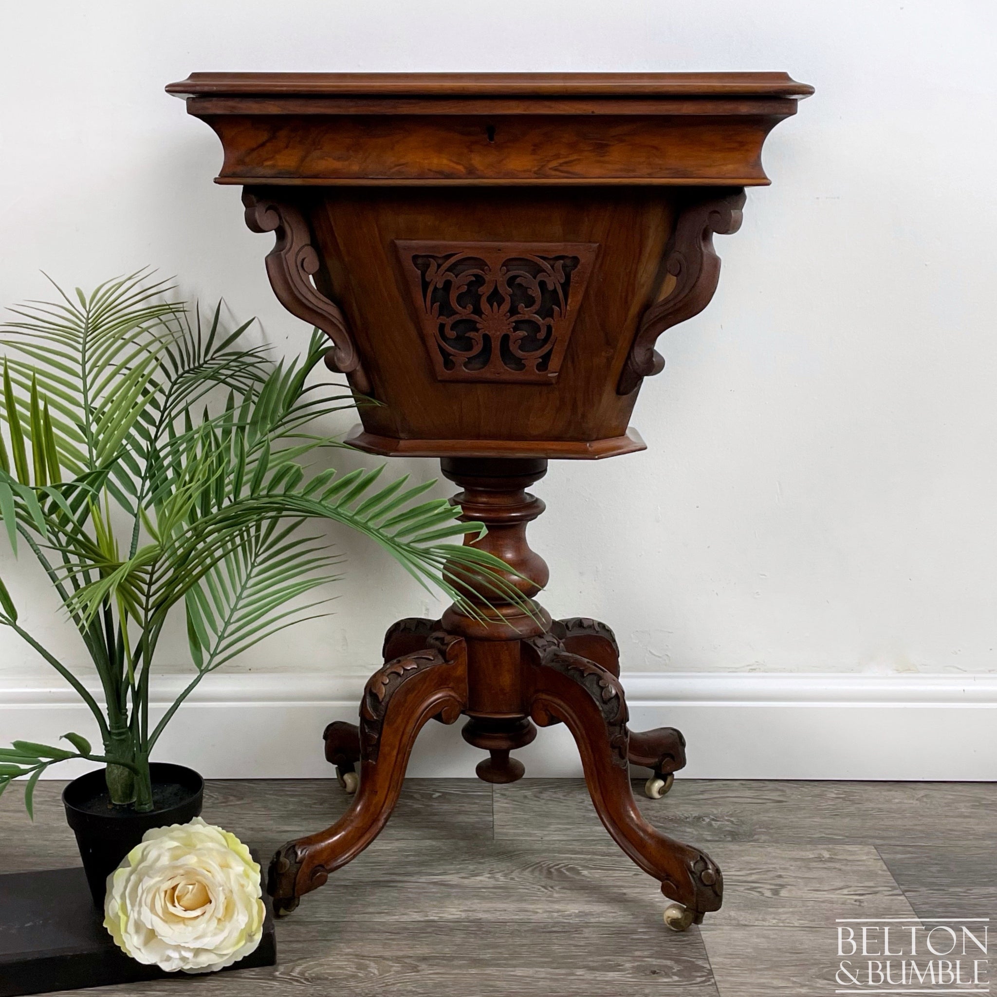 Victorian Mahogany and Burr Walnut Work Box – Styled product shot with complementary decor to suggest scale