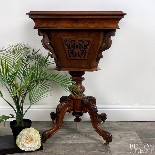 Victorian Mahogany and Burr Walnut Work Box – Styled product shot with complementary decor to suggest scale