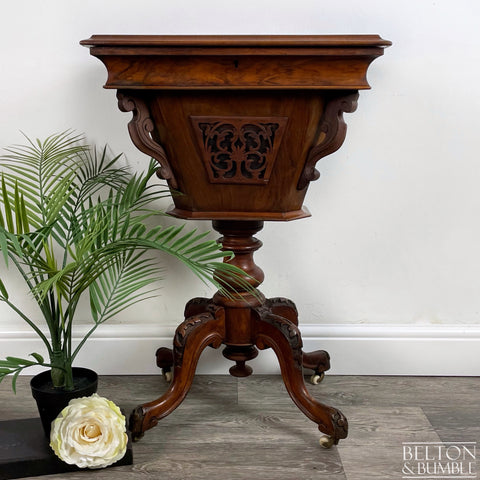 Victorian Mahogany and Burr Walnut Work Box – Styled product shot with complementary decor to suggest scale