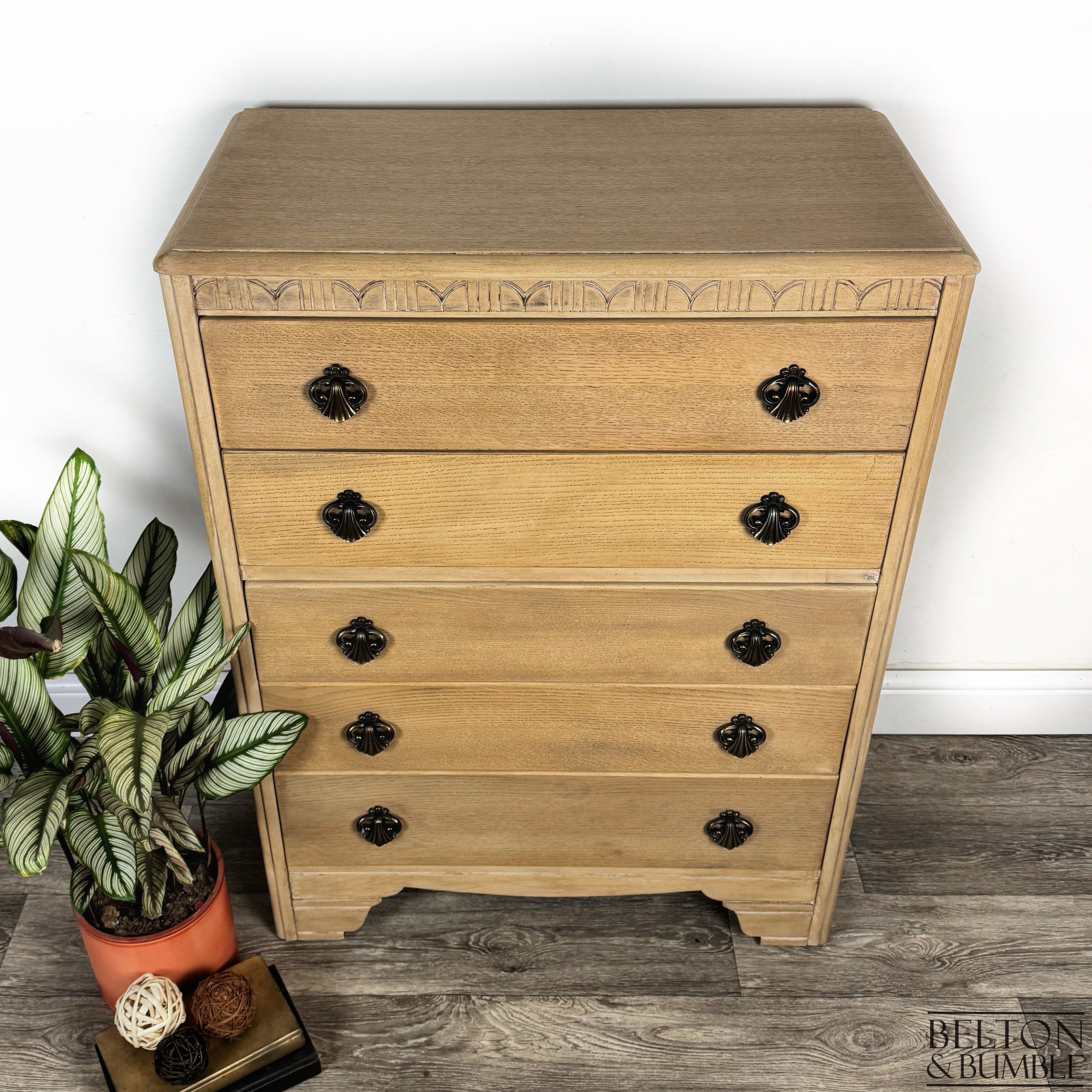 Vintage Light Oak Lebus Chest of Drawers - Top surface detail showing smooth, satin finish and edge profile