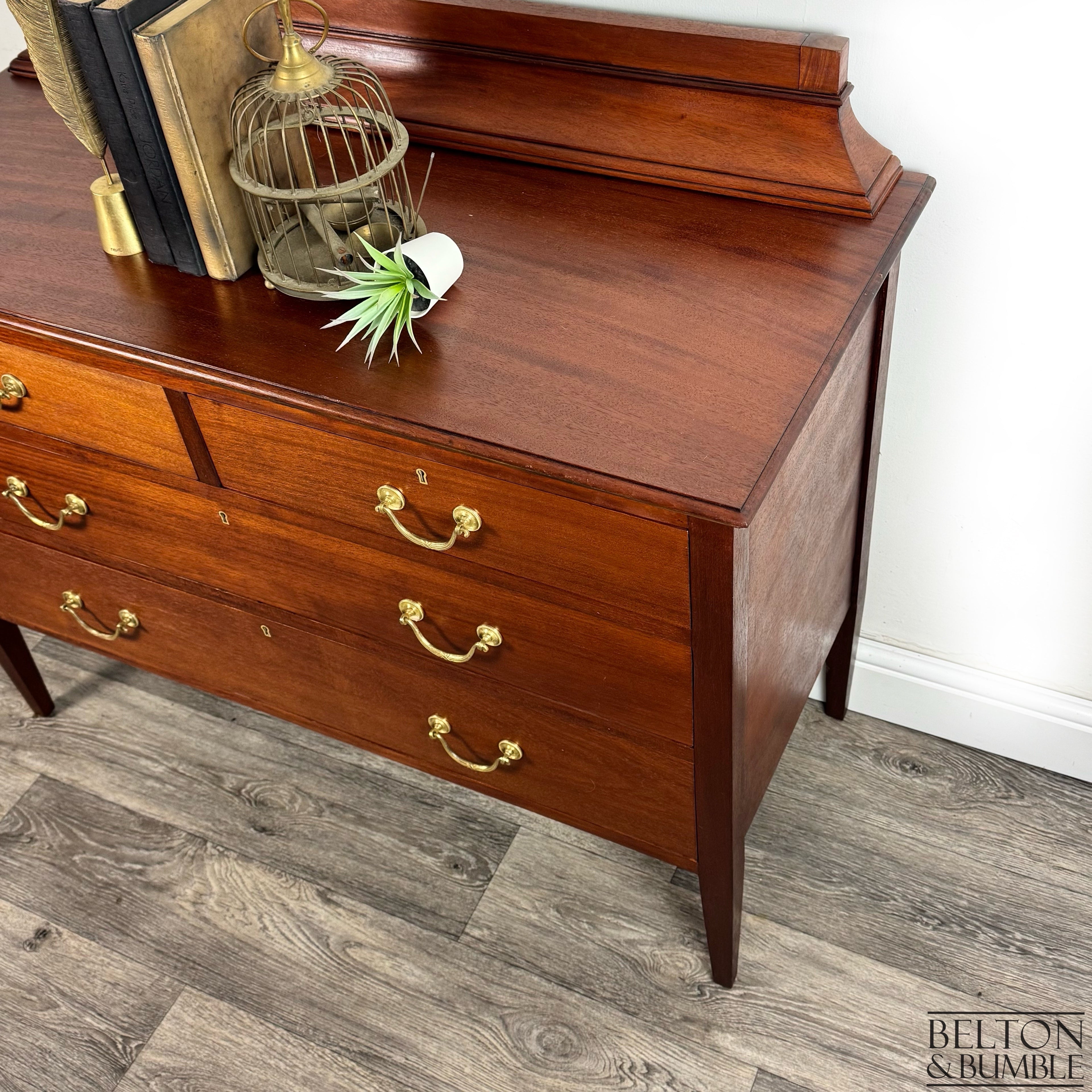 Vintage Mahogany Four Drawer Chest of Drawers with Gallery Back – Side profile highlighting depth, leg shape and silhouette