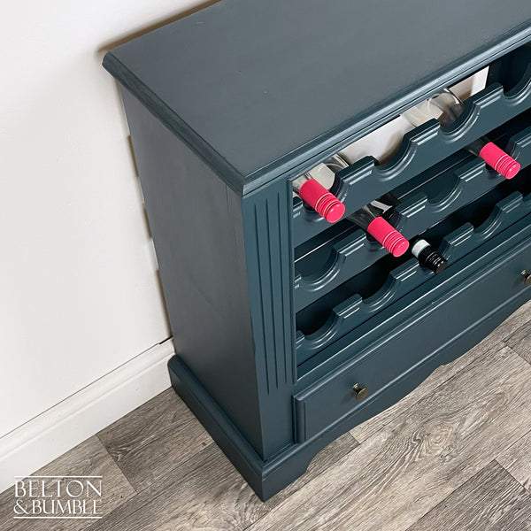 Wine Bottle Rack Cabinet in Blue – angled view showing proportions and stance