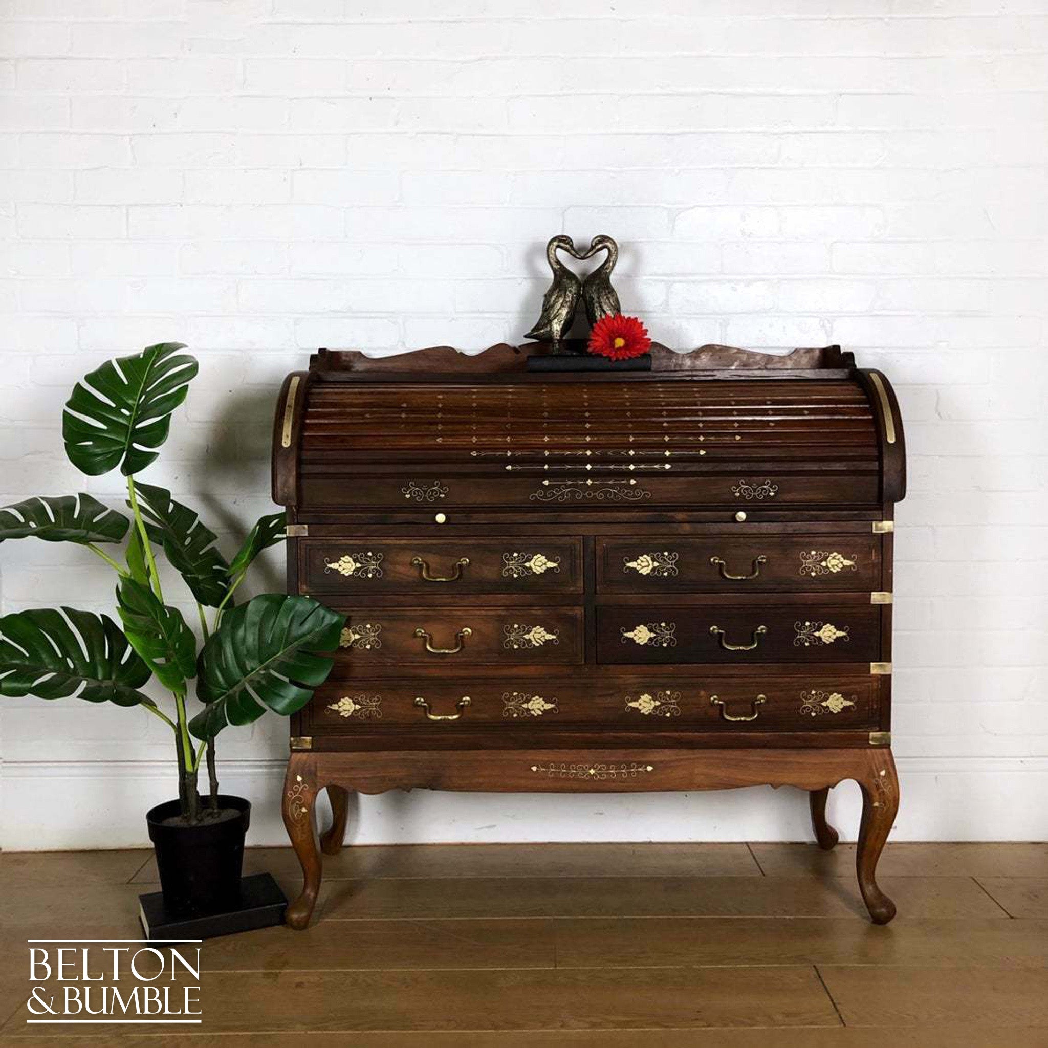 Anglo Indian Mahogany Roll Top Writing Desk Bureau-Belton & Bumble