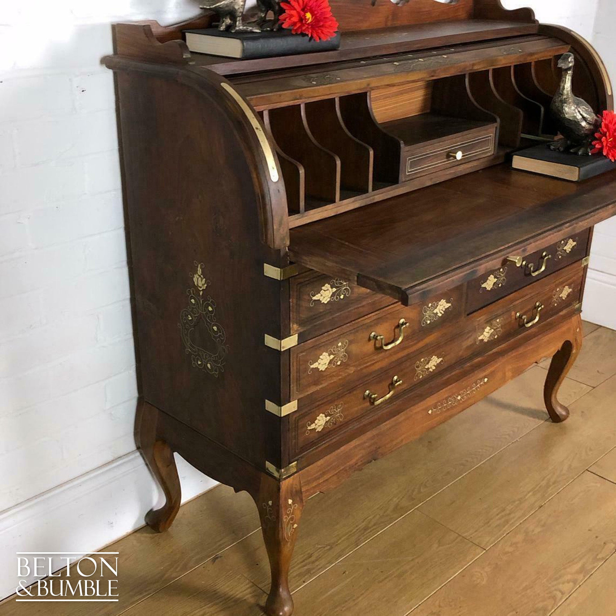 Anglo Indian Mahogany Roll Top Writing Desk Bureau-Belton & Bumble