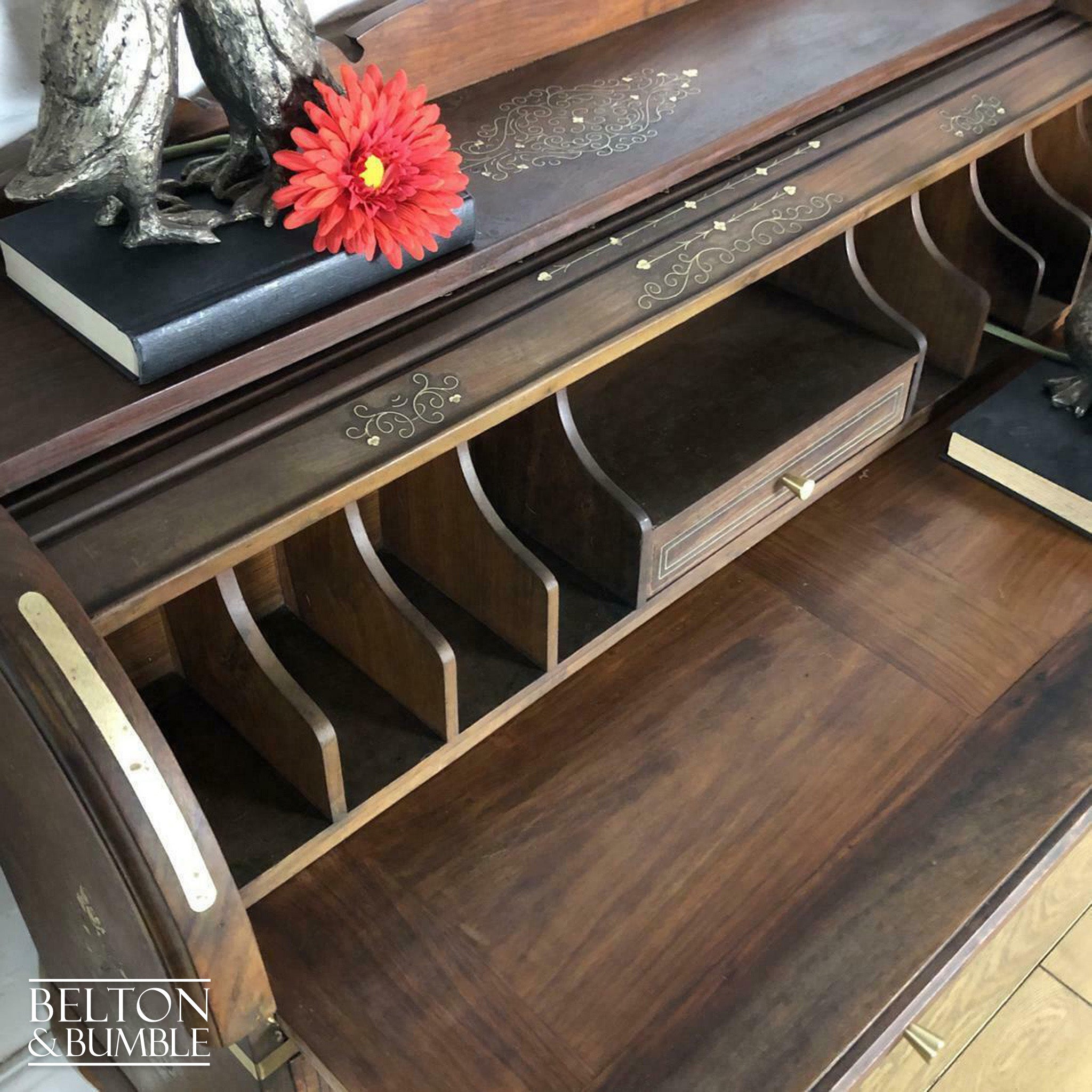 Anglo Indian Mahogany Roll Top Writing Desk Bureau-Belton & Bumble