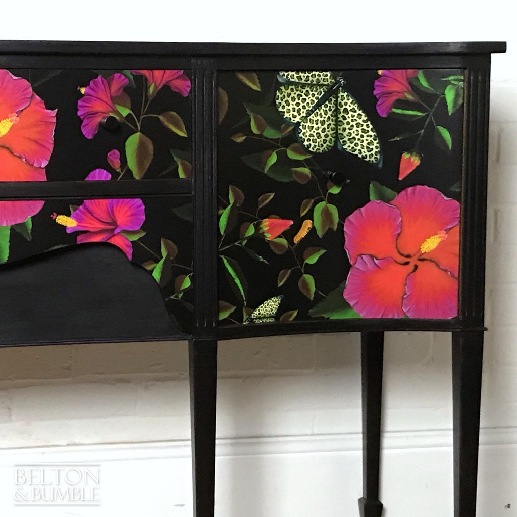 Black Bow Fronted Sideboard with “Leopardopterist” print by Muck ‘n’ Brass-Belton & Bumble