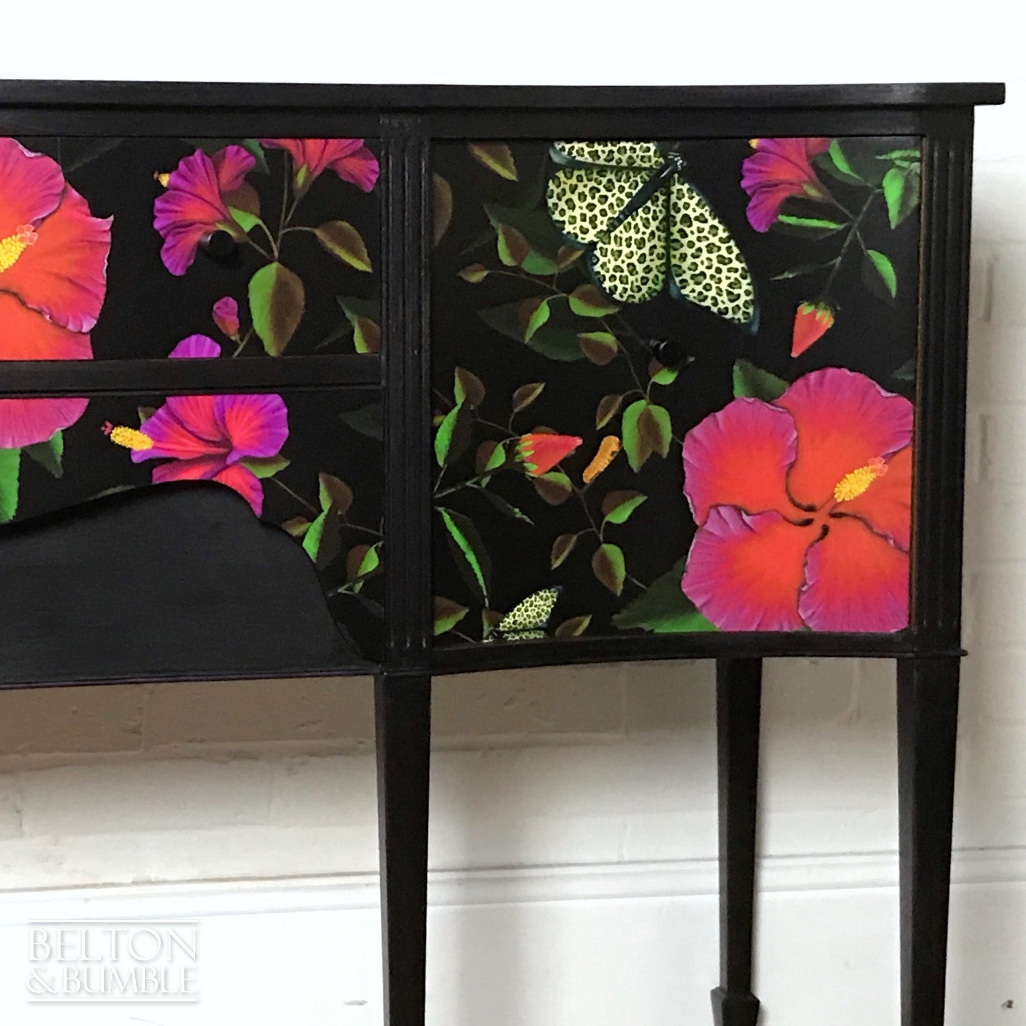 Black Bow Fronted Sideboard with “Leopardopterist” print by Muck ‘n’ Brass-Belton & Bumble