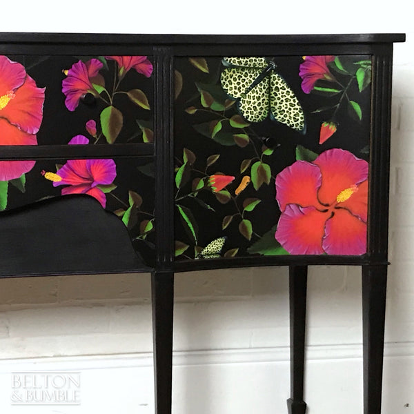 Black Bow Fronted Sideboard with “Leopardopterist” print by Muck ‘n’ Brass-Belton & Butler