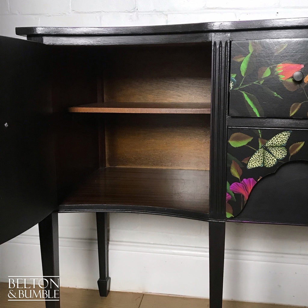 Black Bow Fronted Sideboard with “Leopardopterist” print by Muck ‘n’ Brass-Belton & Bumble