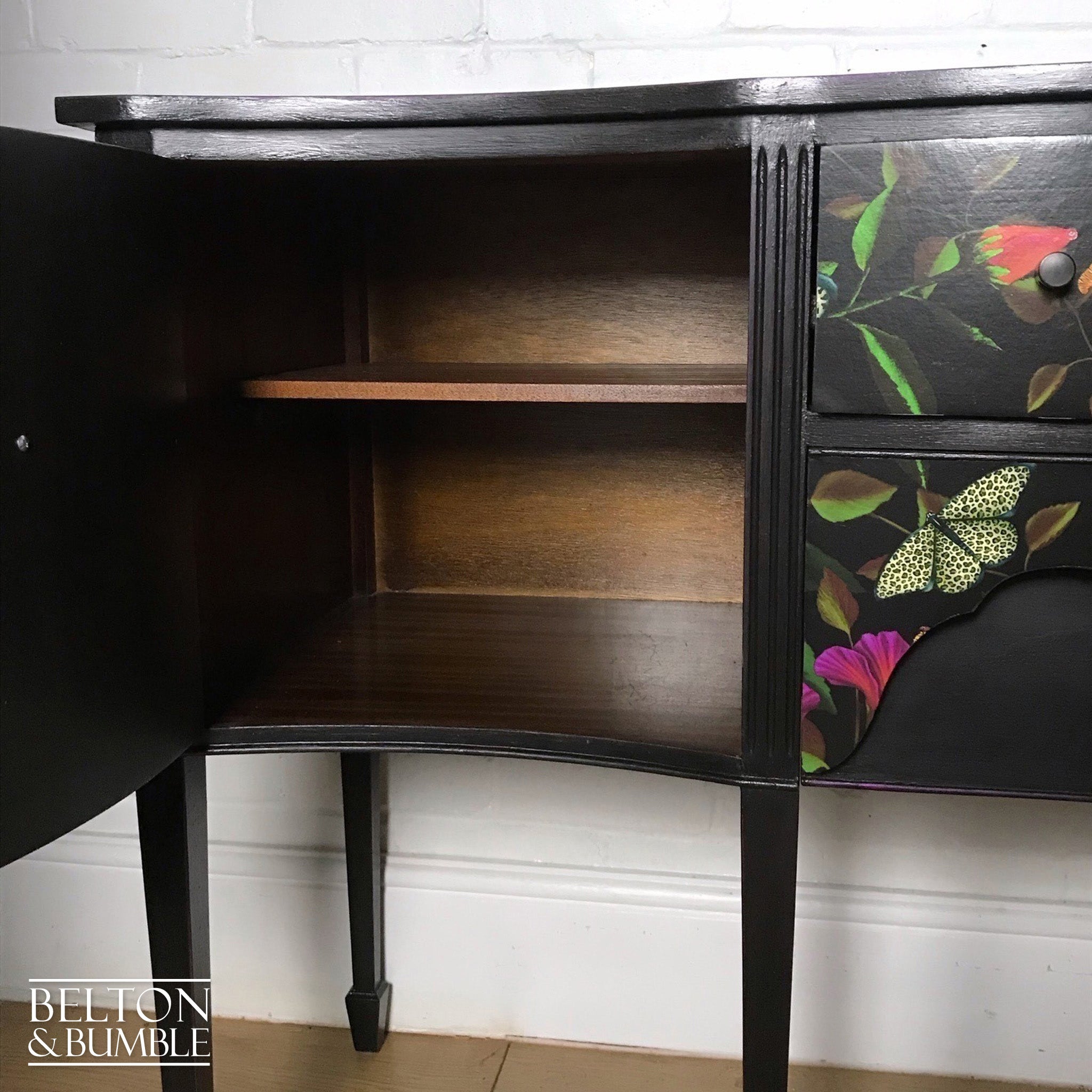 Black Bow Fronted Sideboard with “Leopardopterist” print by Muck ‘n’ Brass-Belton & Bumble