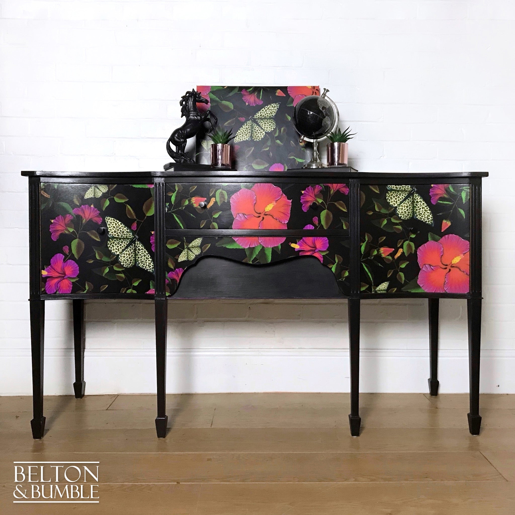 Black Bow Fronted Sideboard with “Leopardopterist” print by Muck ‘n’ Brass-Belton & Bumble