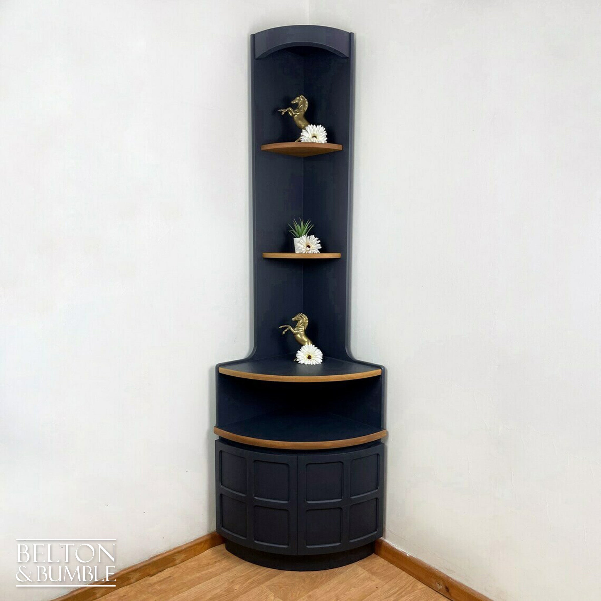 Corner Dresser Shelving Unit by Nathan Furniture in Navy Blue-Belton & Butler