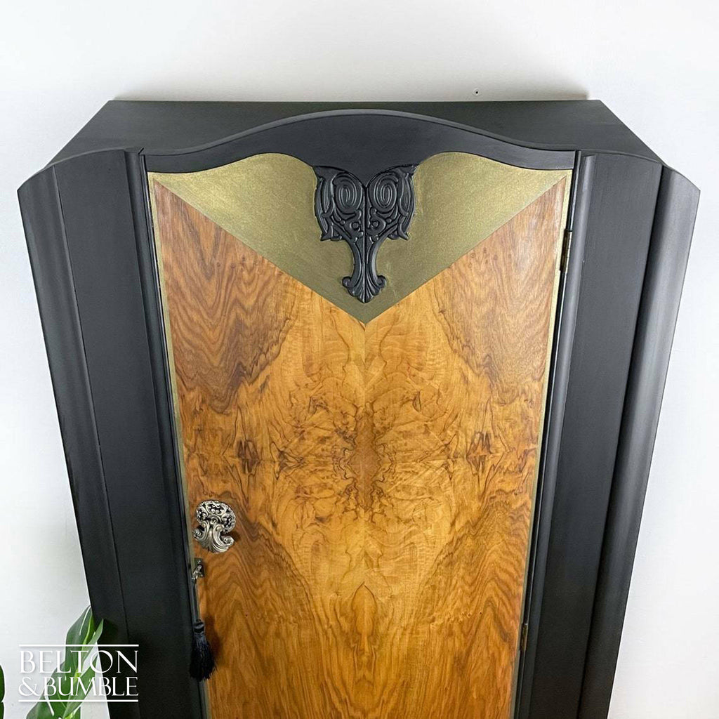 Bow Fronted Vintage Burr Walnut Wardrobe Tallboy in Black-Wardrobe-Belton & Bumble