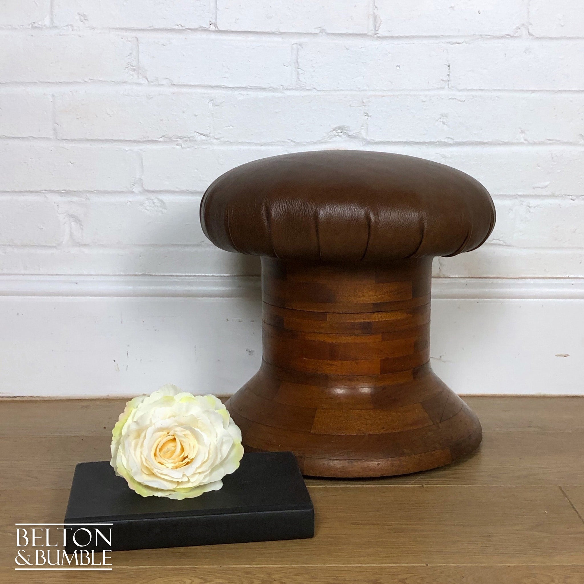Brown Leather Wooden Based Capstan Stool-Belton & Bumble