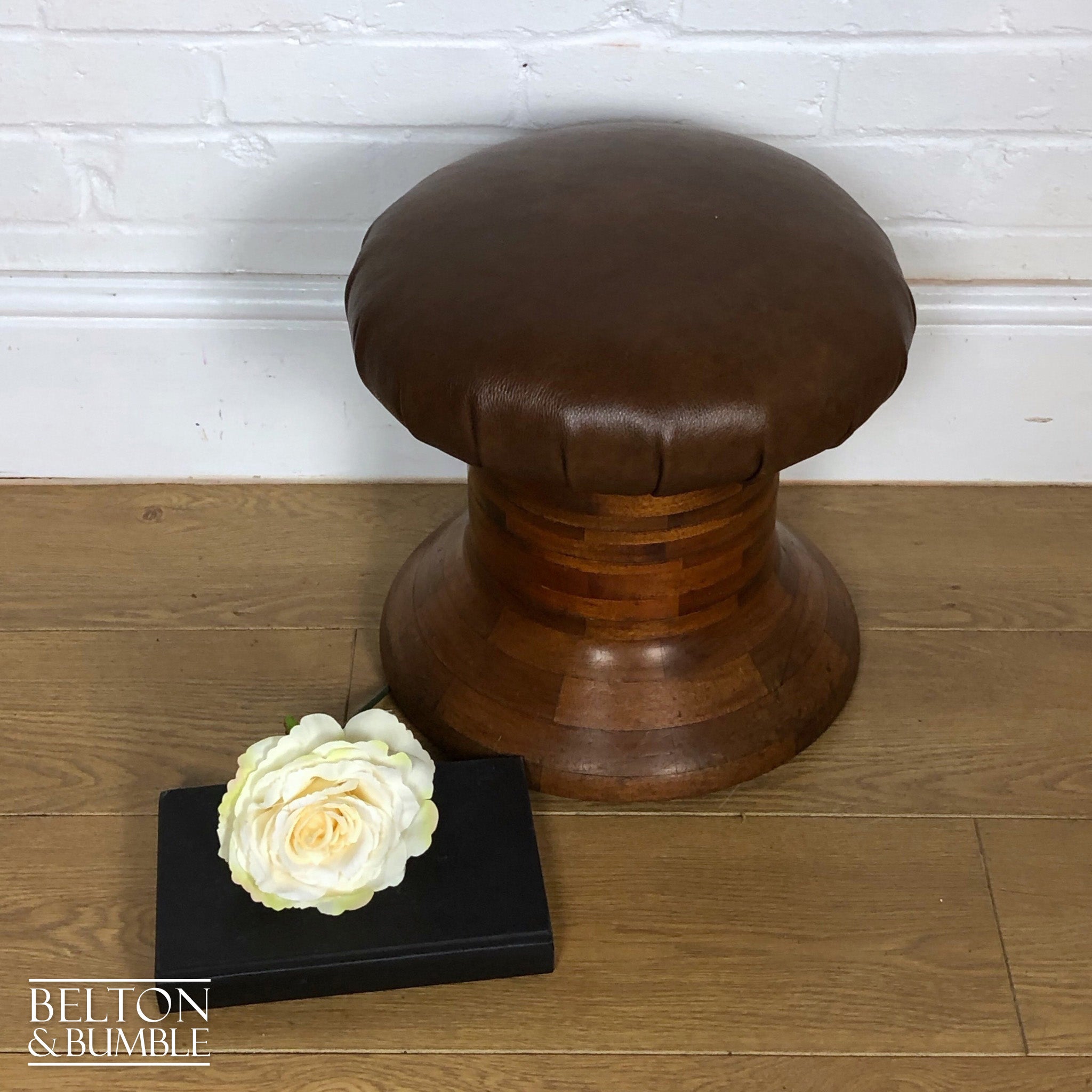 Brown Leather Wooden Based Capstan Stool-Belton & Bumble