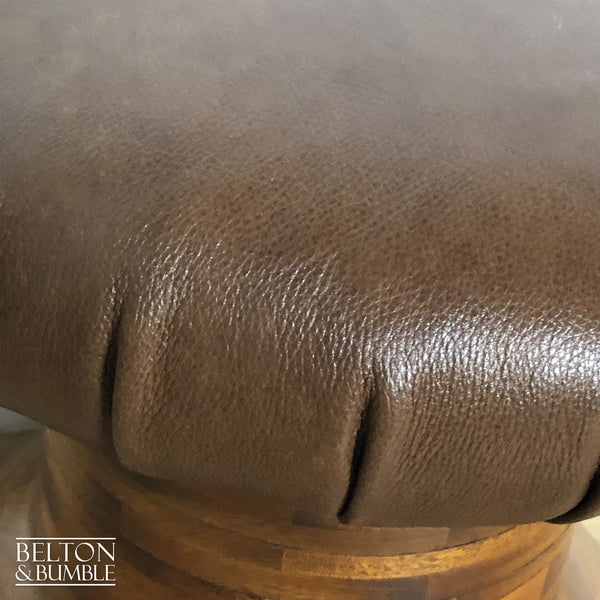 Brown Leather Wooden Based Capstan Stool-Belton & Butler