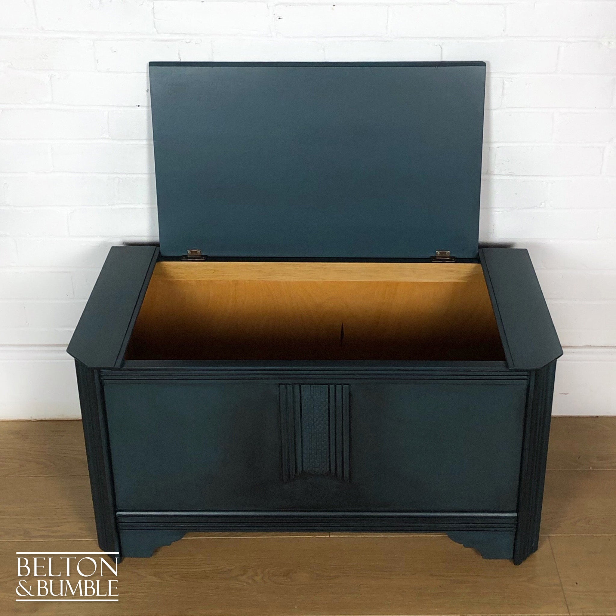 Carved Blanket Storage Box in Blue-Belton & Bumble