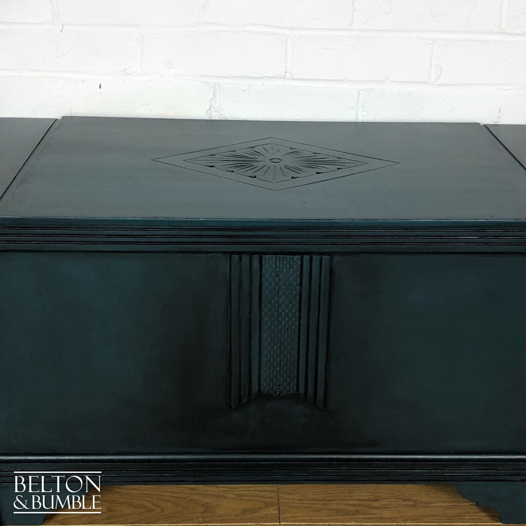 Carved Blanket Storage Box in Blue-Belton & Bumble