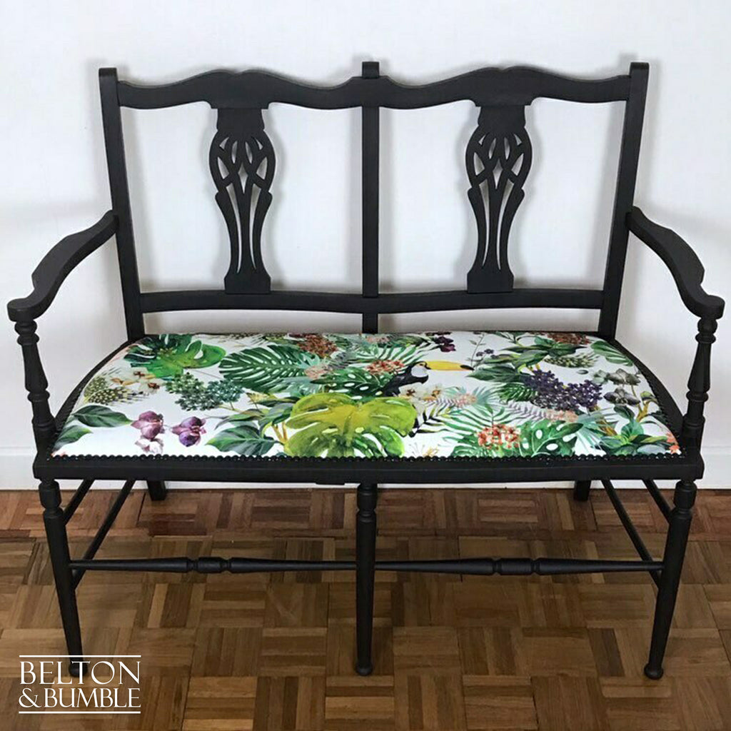 Chippendale Style Black Two Seater Bench with Tropical Print Fabric-Belton & Bumble