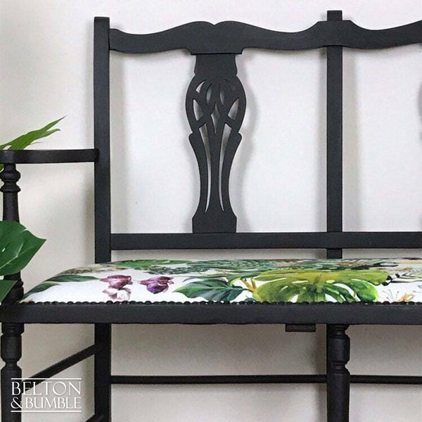 Chippendale Style Black Two Seater Bench with Tropical Print Fabric-Belton & Butler