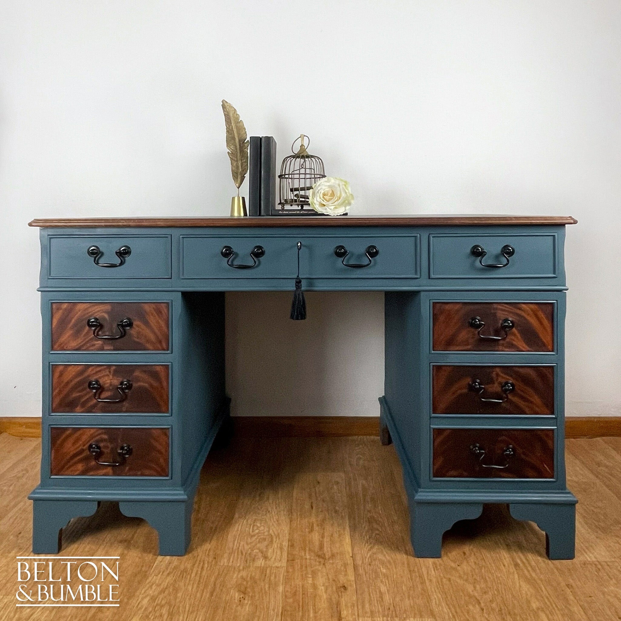 Double Pedestal Partners’ Desk in Blue and Flame Mahogany-Belton & Bumble