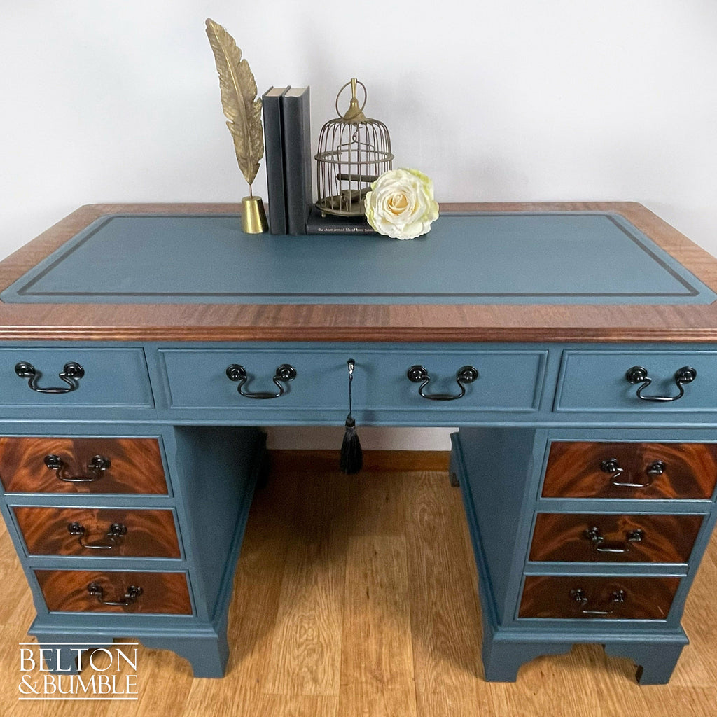 Double Pedestal Partners’ Desk in Blue and Flame Mahogany-Belton & Bumble