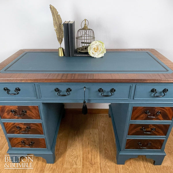 Double Pedestal Partners’ Desk in Blue and Flame Mahogany-Belton & Butler