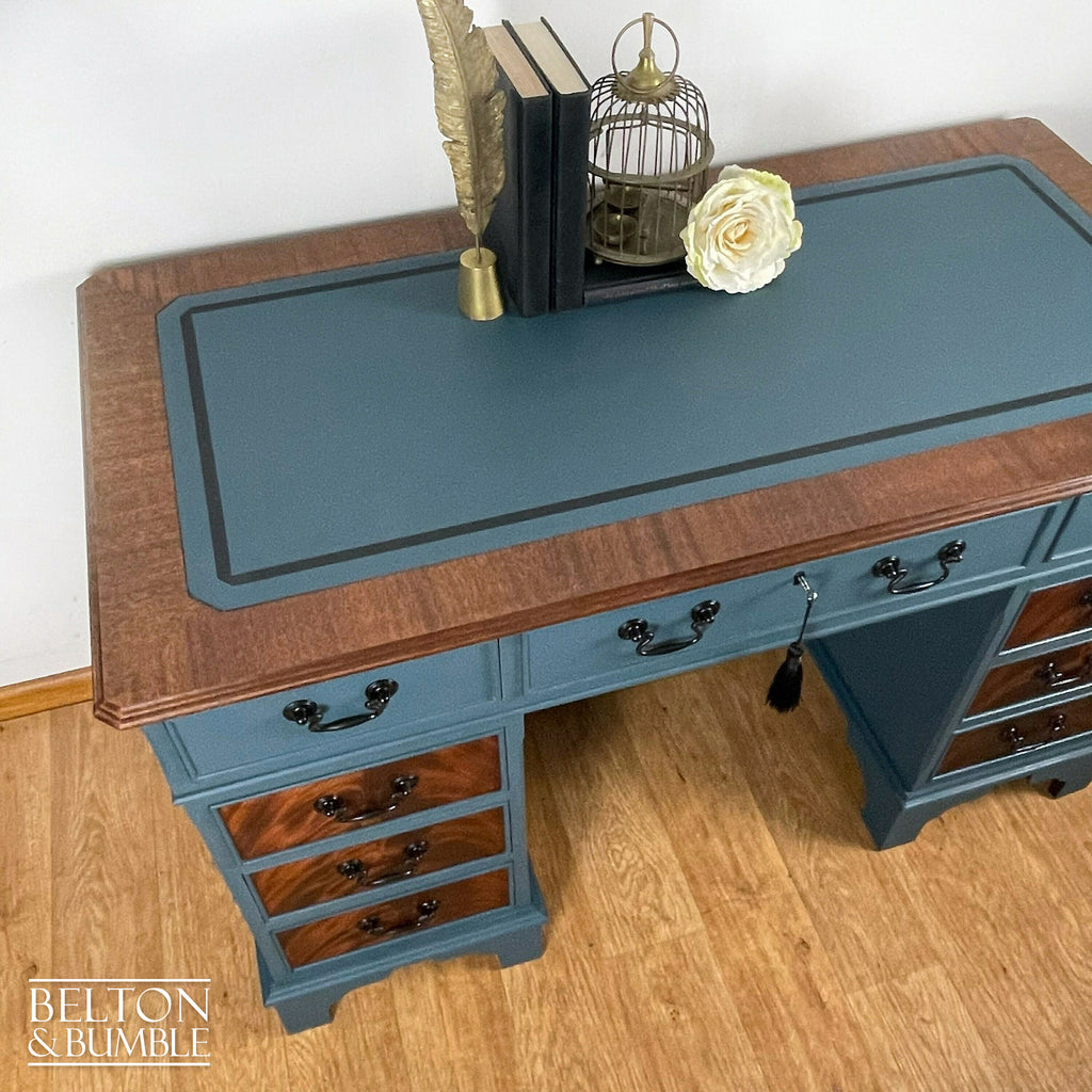 Double Pedestal Partners’ Desk in Blue and Flame Mahogany-Belton & Bumble