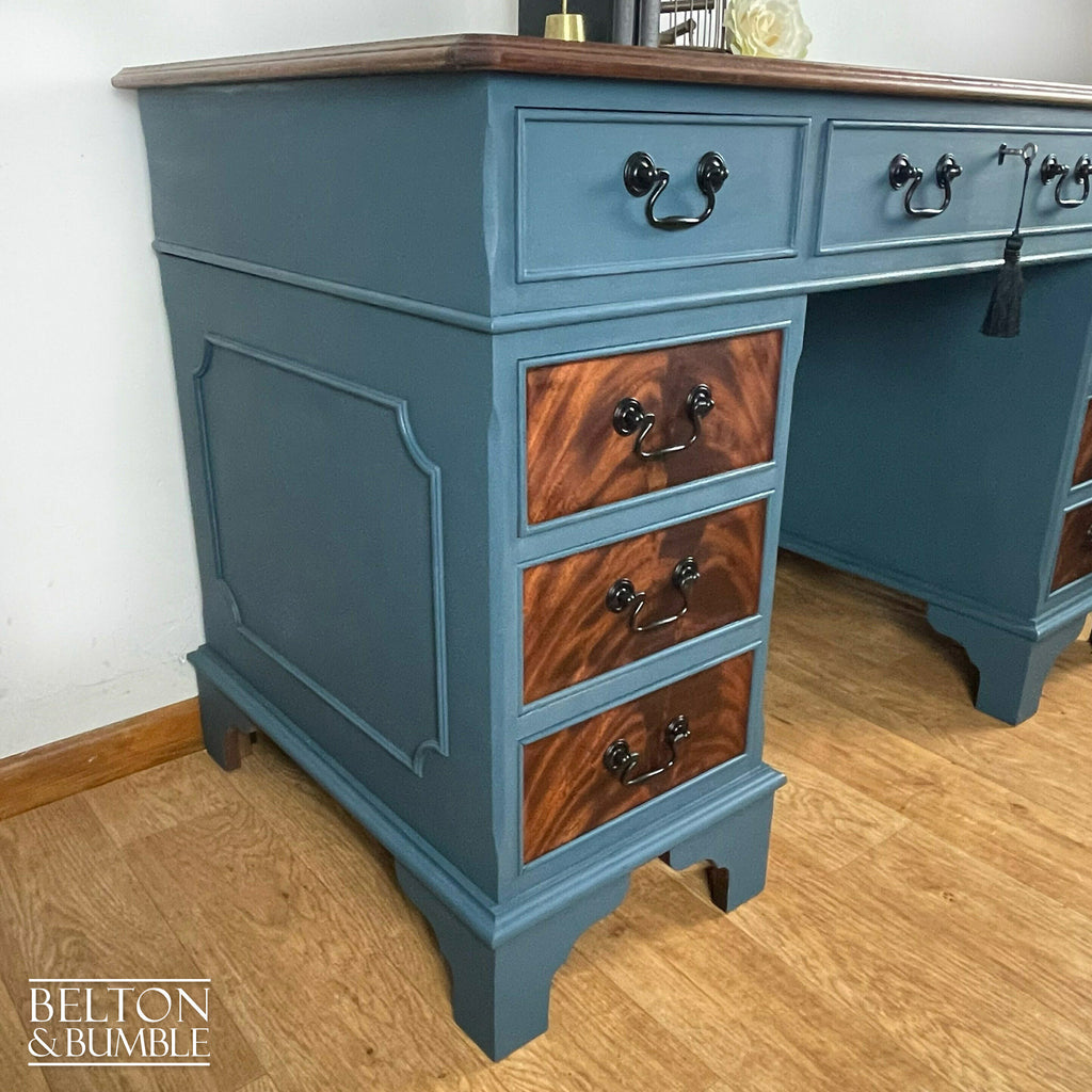Double Pedestal Partners’ Desk in Blue and Flame Mahogany-Belton & Bumble