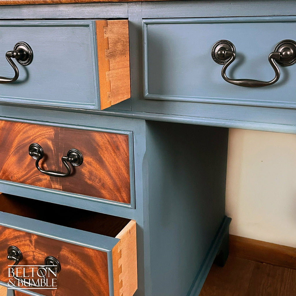 Double Pedestal Partners’ Desk in Blue and Flame Mahogany-Belton & Bumble
