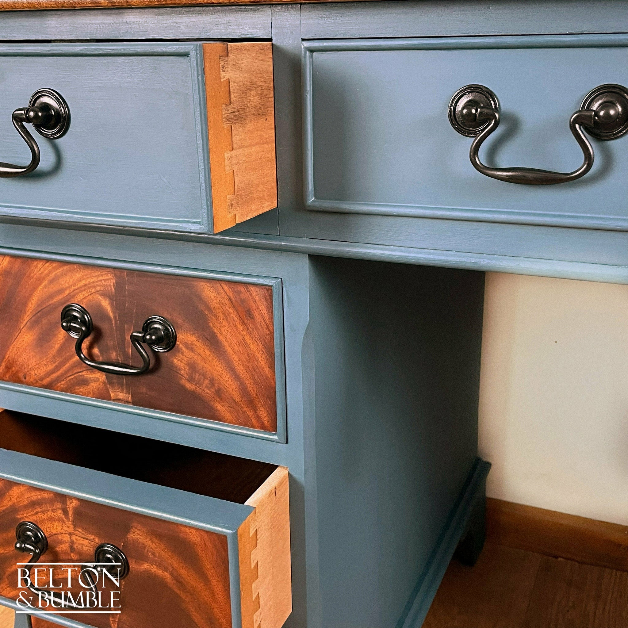 Double Pedestal Partners’ Desk in Blue and Flame Mahogany-Belton & Bumble