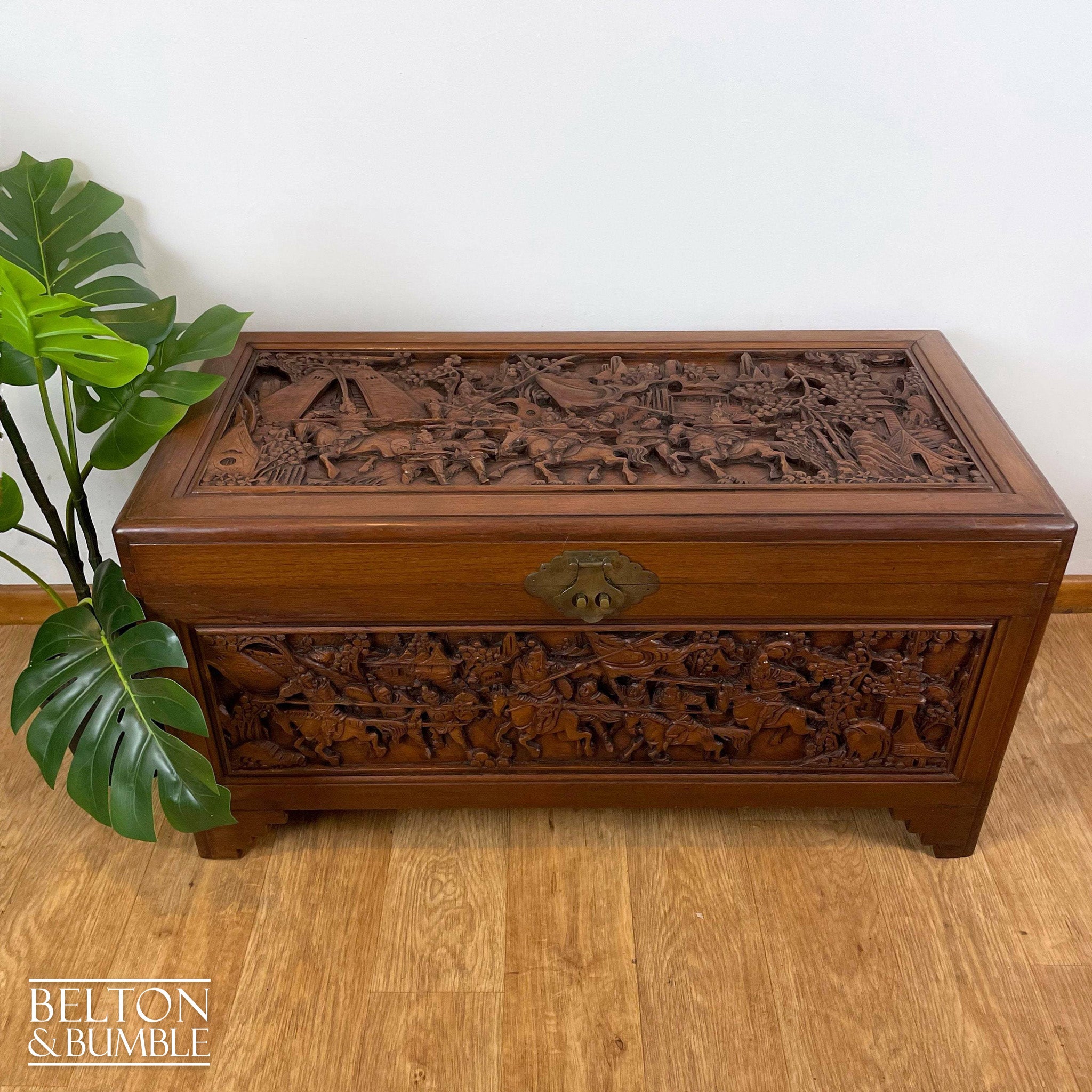 Early 20th Century Camphor Wood Trunk Oriental Carved Chest-Belton & Bumble