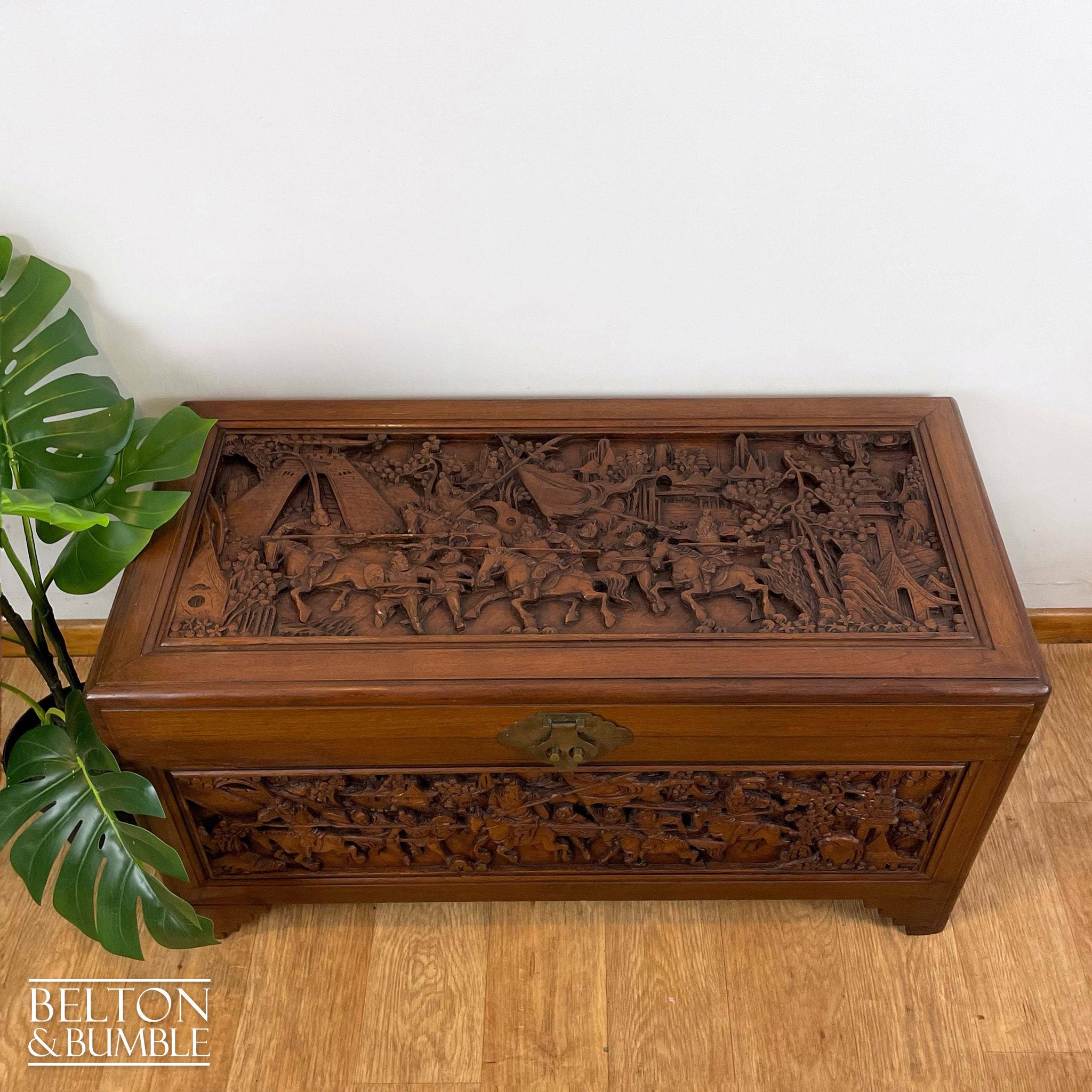Early 20th Century Camphor Wood Trunk Oriental Carved Chest-Belton & Bumble
