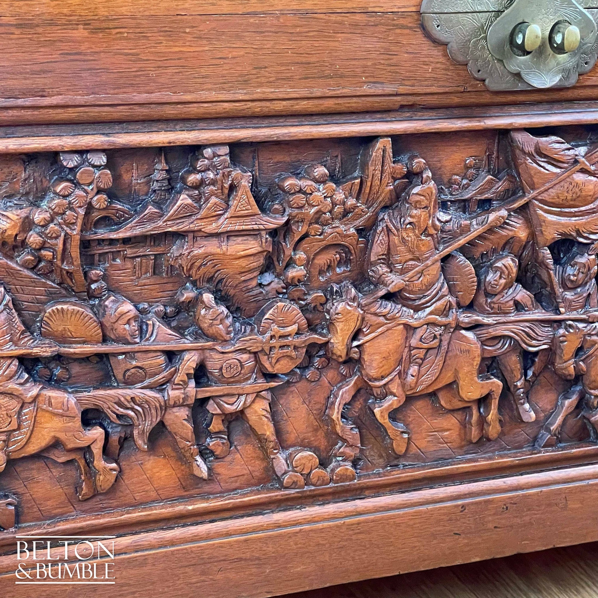 Early 20th Century Camphor Wood Trunk Oriental Carved Chest-Belton & Bumble