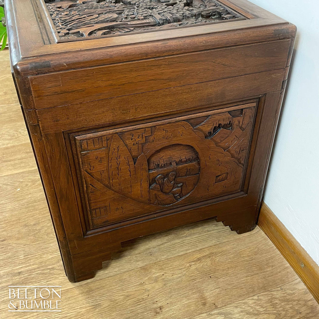 Early 20th Century Camphor Wood Trunk Oriental Carved Chest-Belton & Bumble