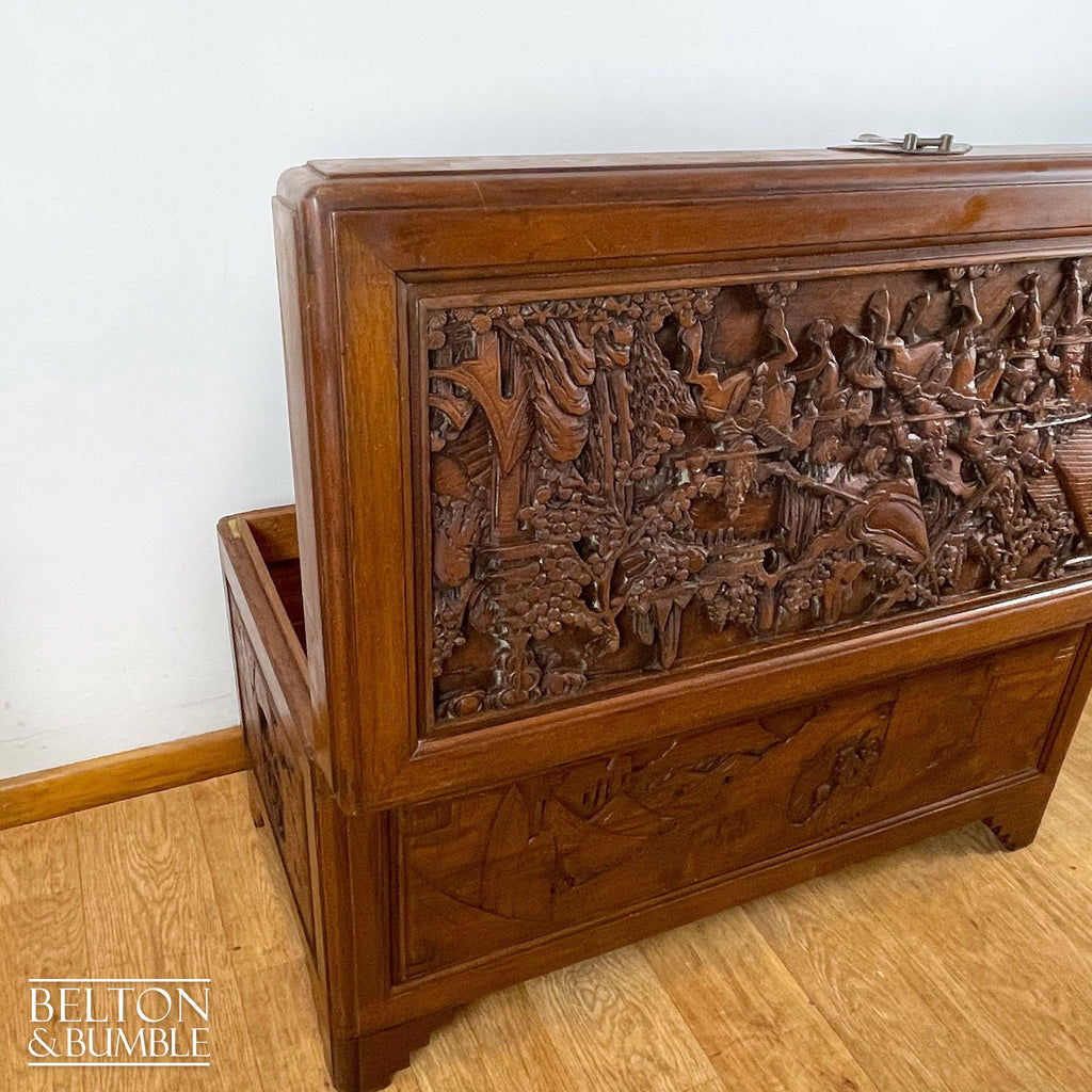 Early 20th Century Camphor Wood Trunk Oriental Carved Chest-Belton & Bumble