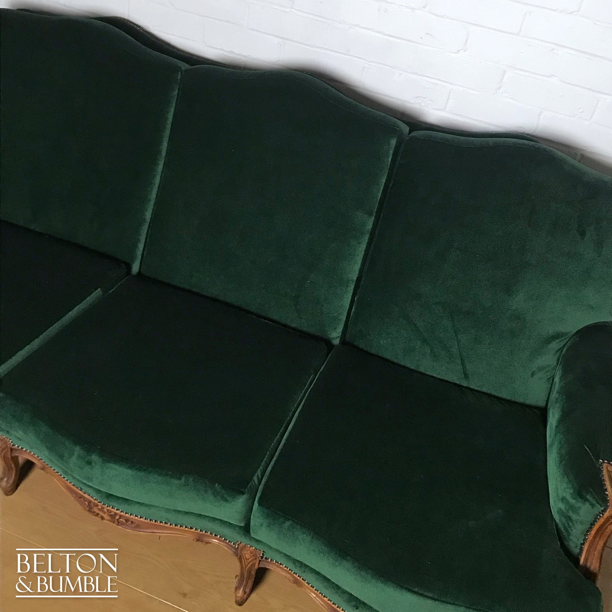 French Style Three Seater Sofa in Dark Green Velvet-Belton & Bumble