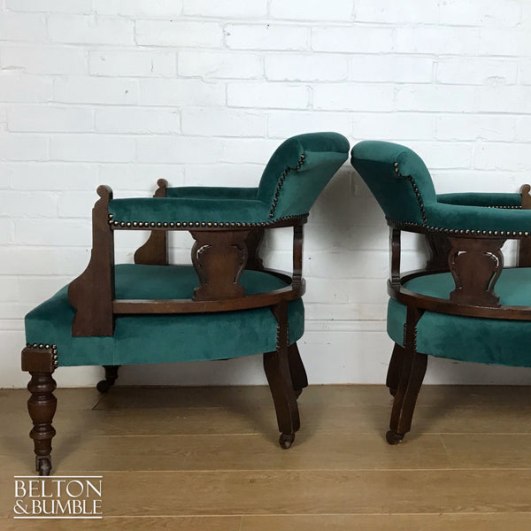 Green Velvet Victorian Mahogany Set of Two Matching Lounge Chairs Reupholstered In Green Velvet-Belton & Butler