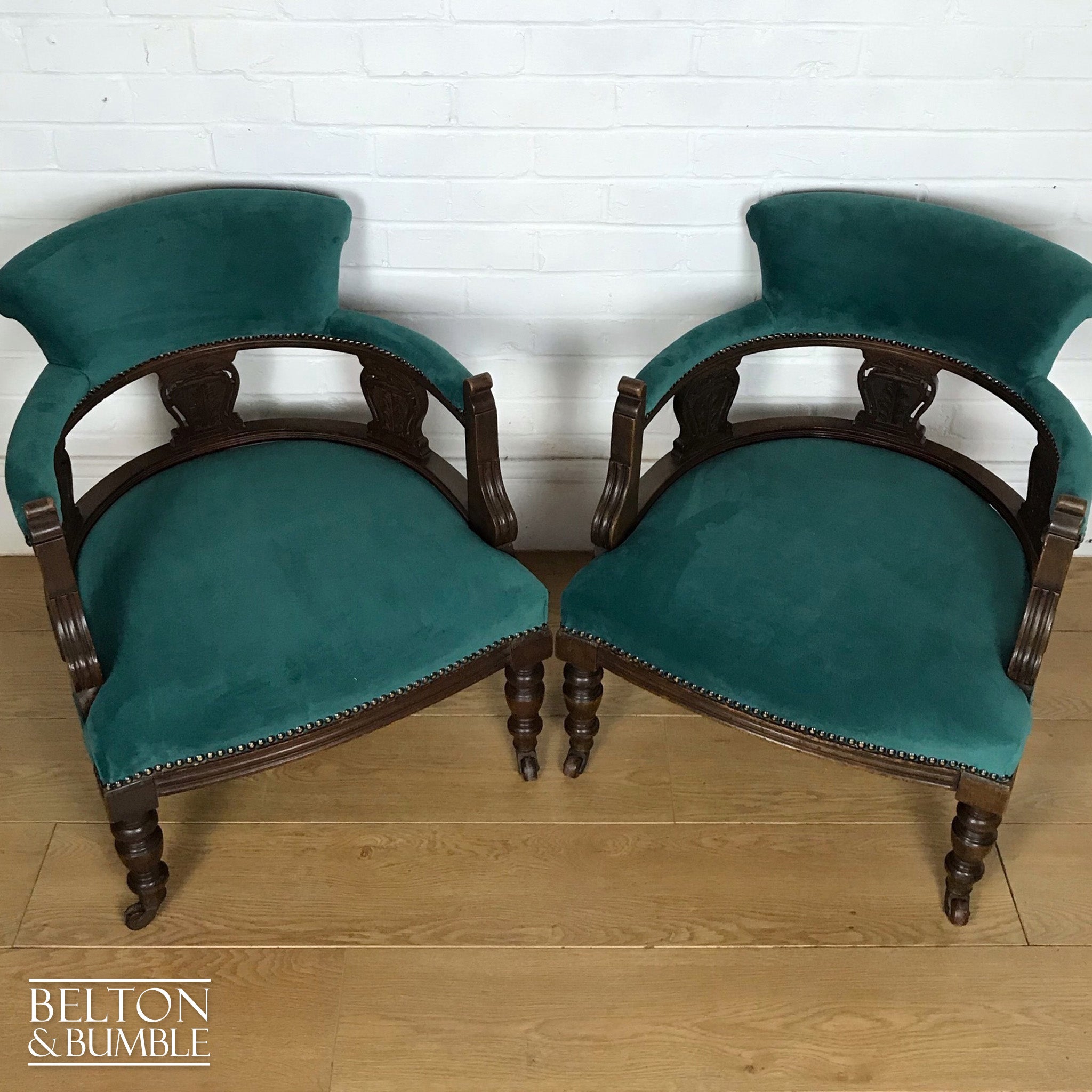 Green Velvet Victorian Mahogany Set of Two Matching Lounge Chairs Reupholstered In Green Velvet-Belton & Bumble