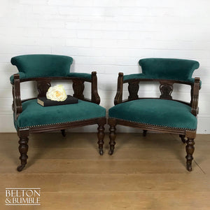 Green Velvet Victorian Mahogany Set of Two Matching Lounge Chairs Reupholstered In Green Velvet-Belton & Butler