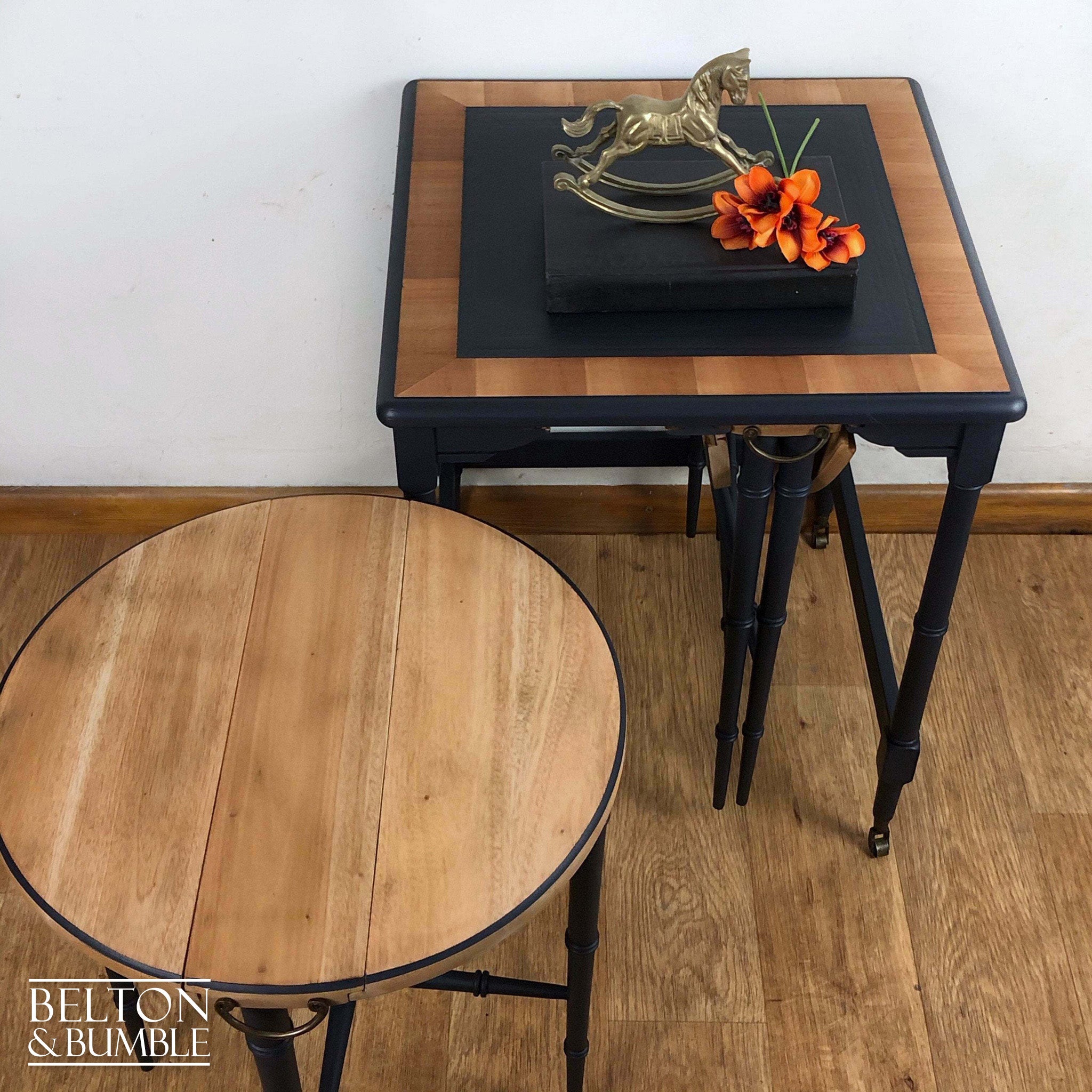 Hanging Nest of Tables in Dark Blue and Natural Wood-Belton & Bumble