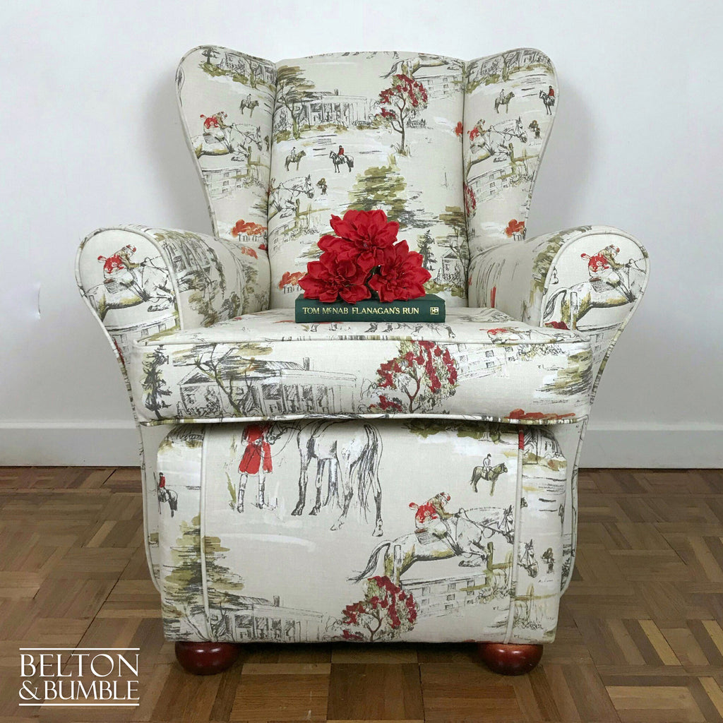 Hunting Print Wing Back Armchair with Cream Horse Hunting Fabric-Belton & Bumble