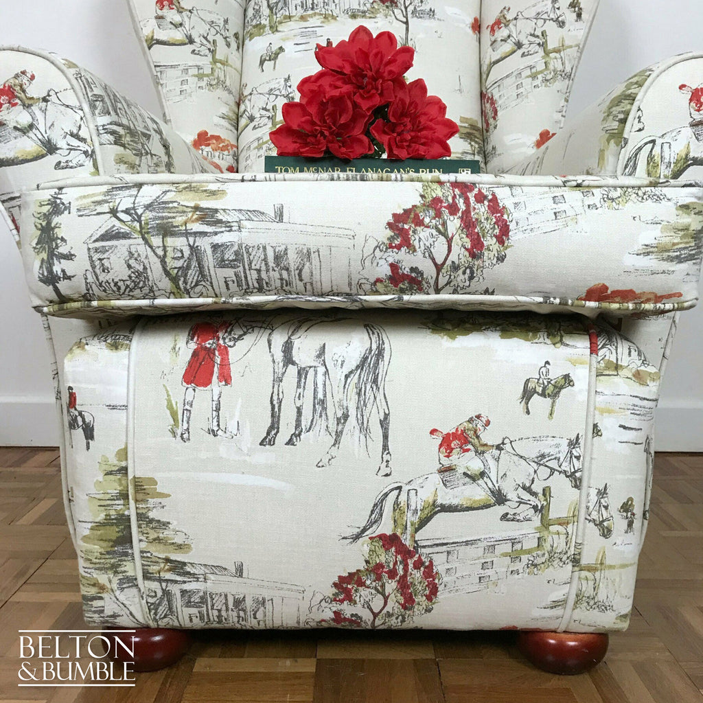 Hunting Print Wing Back Armchair with Cream Horse Hunting Fabric-Belton & Bumble