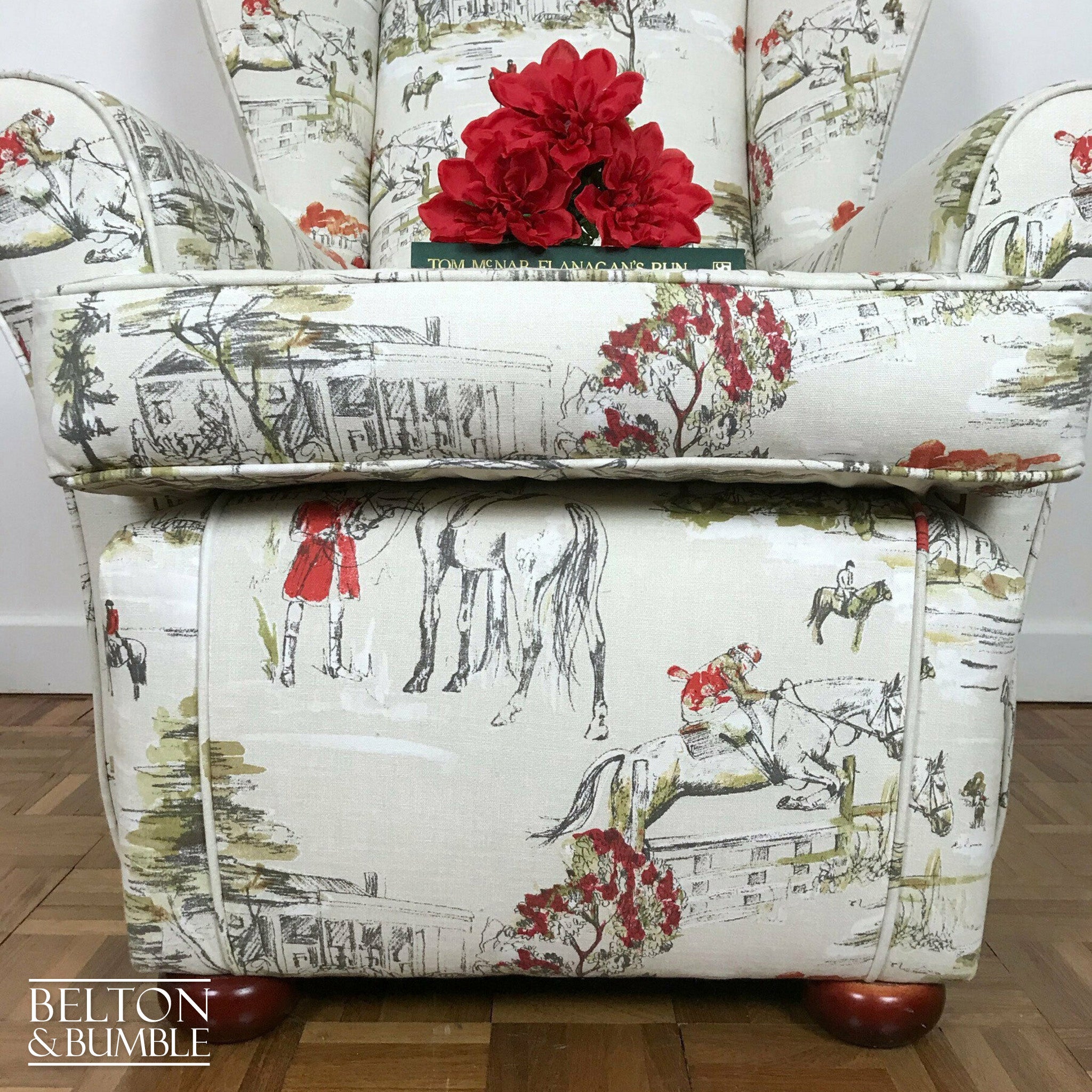 Hunting Print Wing Back Armchair with Cream Horse Hunting Fabric-Belton & Bumble