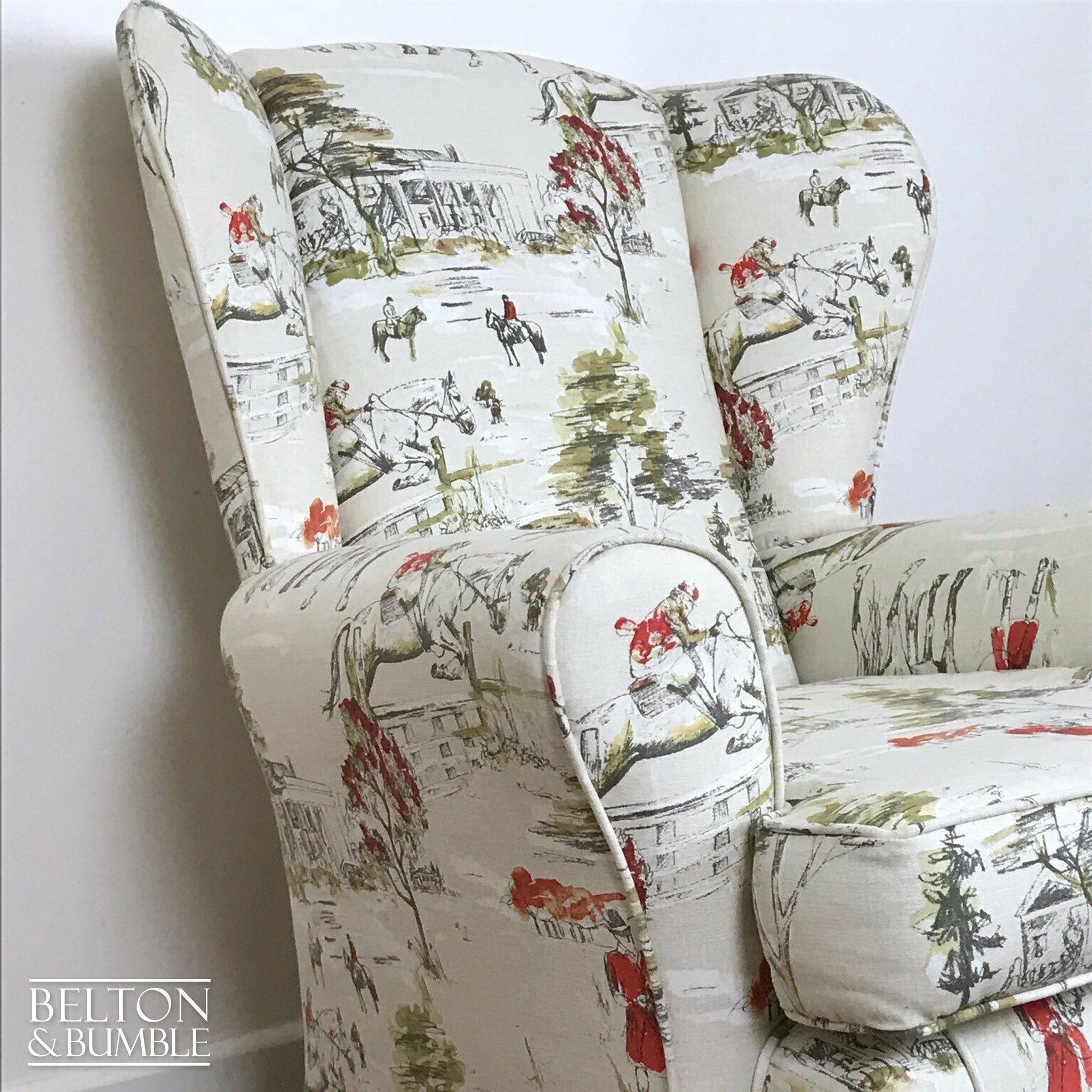 Hunting Print Wing Back Armchair with Cream Horse Hunting Fabric-Belton & Bumble