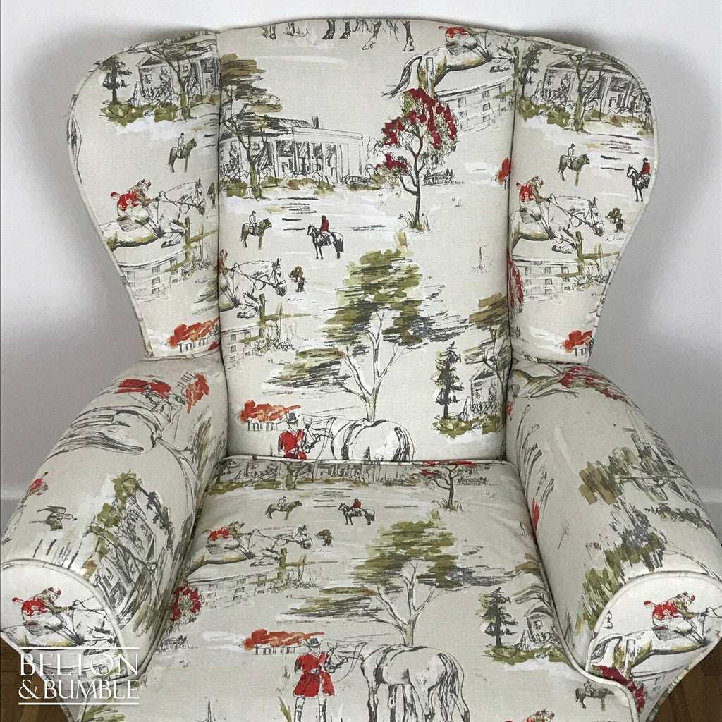Hunting Print Wing Back Armchair with Cream Horse Hunting Fabric-Belton & Bumble