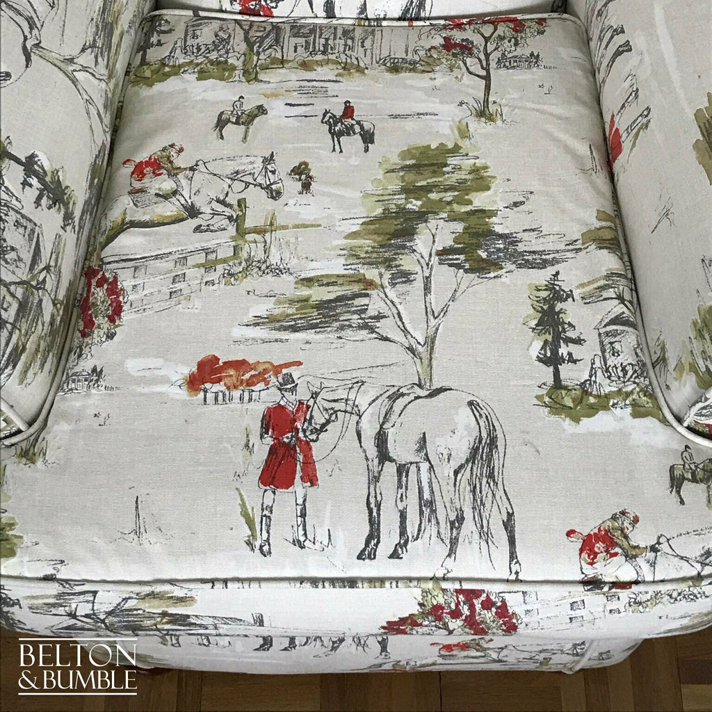 Hunting Print Wing Back Armchair with Cream Horse Hunting Fabric-Belton & Bumble